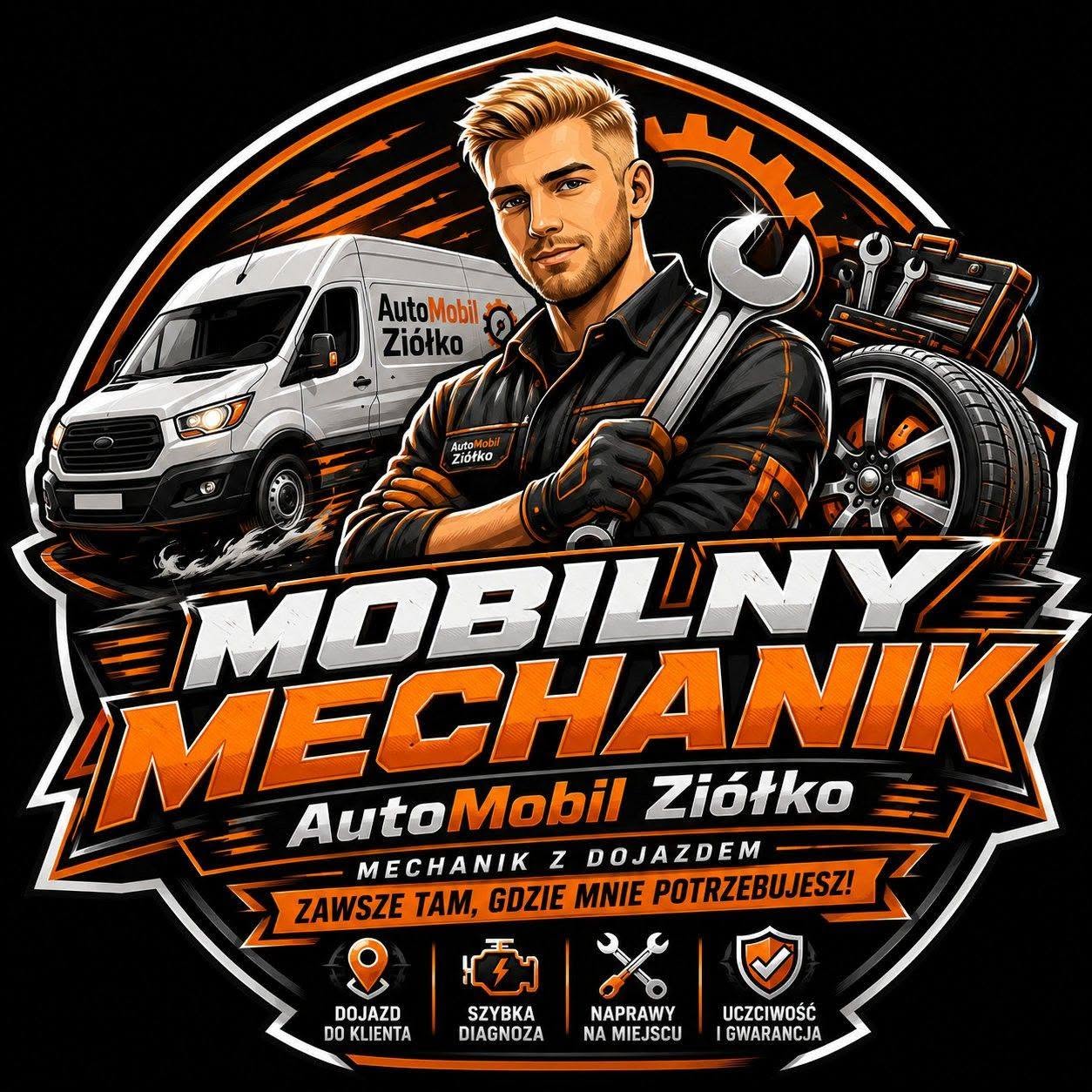 AutoMobil Ziółko — grafika mobilnego mechanika z kluczem, samochodem serwisowym i narzędziami
